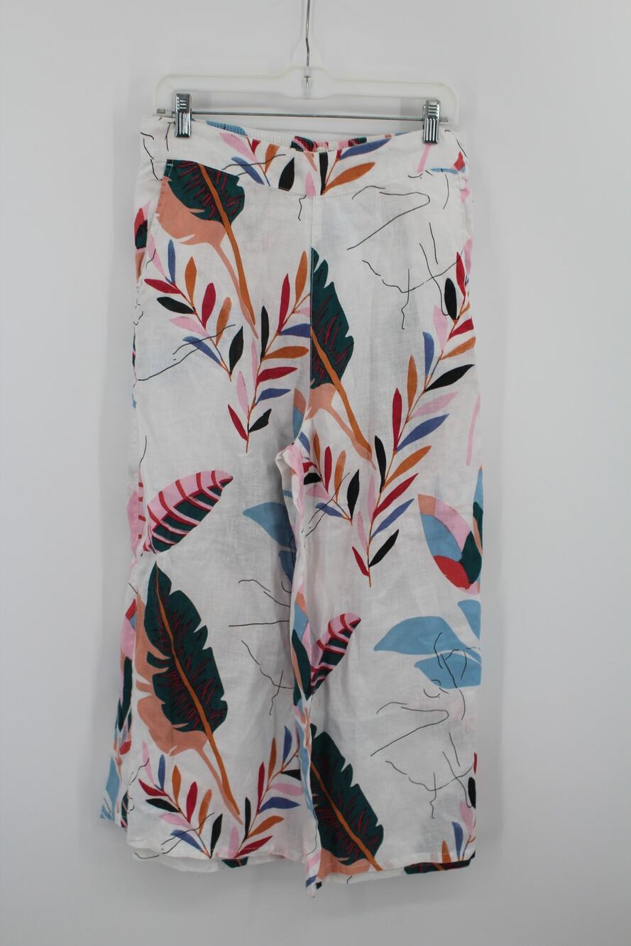 Cynthia Rowley 100% Linen Tropical Leaf Print Wide Leg Cropped Pants Size Large
